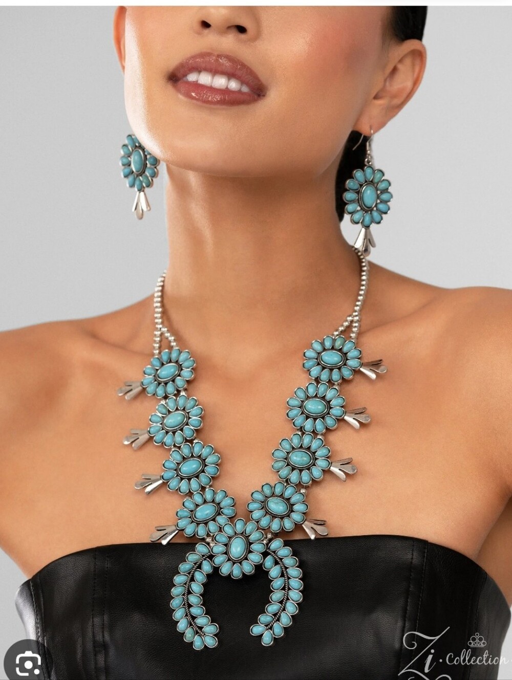 Western Turquoise Colored Squash Blossom Necklace And Earring Set New